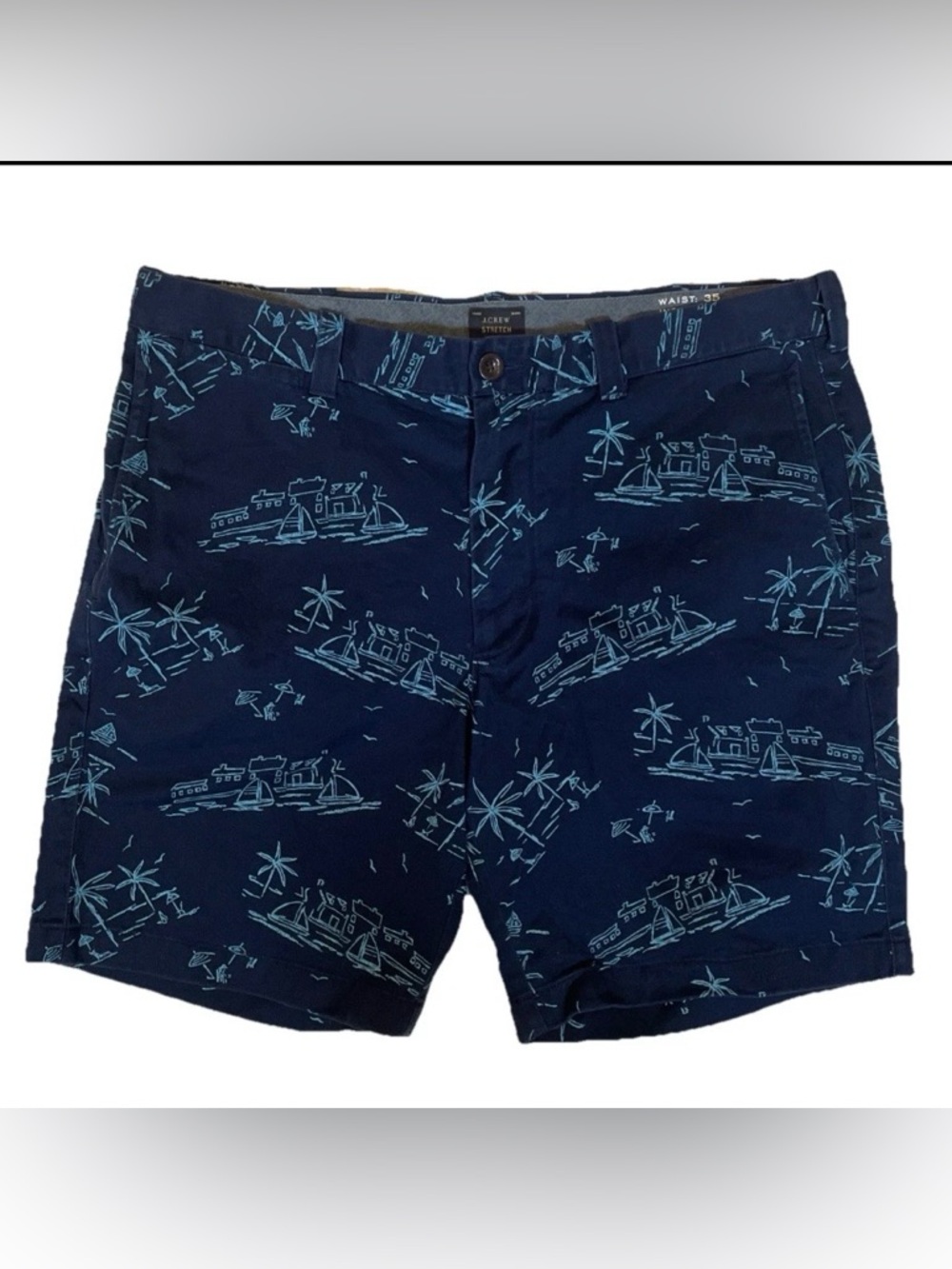 J. Crew Men's Chino Shorts-Navy‎ Blue-Sailboats & Palm Trees- Size 35"-NEW